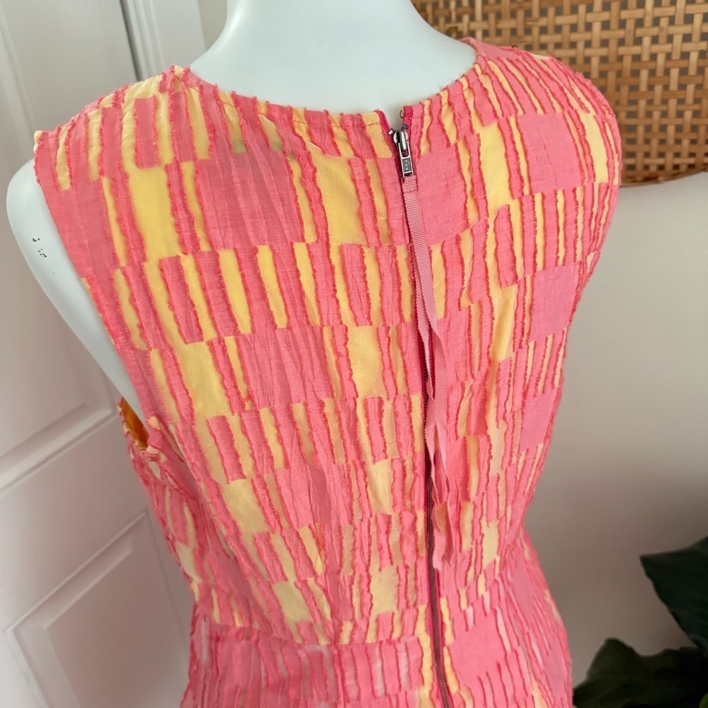 Tracy Reese Pink Yellow Linen Blend Fit Flare Midi Dress 8 Spring Wedding Guest - Picture 5 of 9